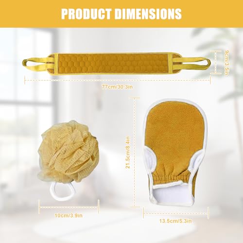 Back Scrubber Set, 3Pcs Bath Gloves and Shower Loofah Sponge for Body Scrub and Daily Shower Cleaning(Yellow) - color: Yellow