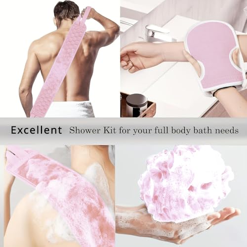 Set of 3 Bath Back Exfoliating Set, Loofah Sponge, Bath Glove,Gently Exfoliate Skin, Remove Dryness(Pink)