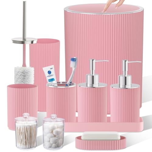 Light Pink Bathroom Accessories Set, 10PC Bathroom Set, Bath Accessory with Pop Up Trash Can, Soap Dispenser, Toilet Brush, Toothbrush Set Qtip Holders & Tray - color: Pink & Silver, size: 10-Piece Set (Accessories Only)
