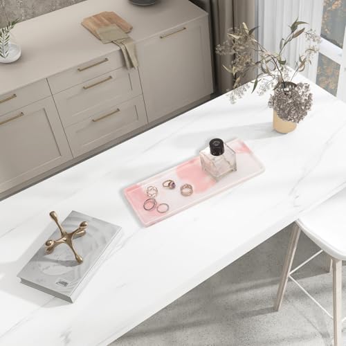 uxcell 2pcs Marble Tray for Bathroom 2 Size Small Rectangle Ceramic Vanity Tray for Countertop Shatterproof Bathtub Soap Tray Kitchen Sink Organizer Key Trinket Ring Tray, Pink - color: Pink