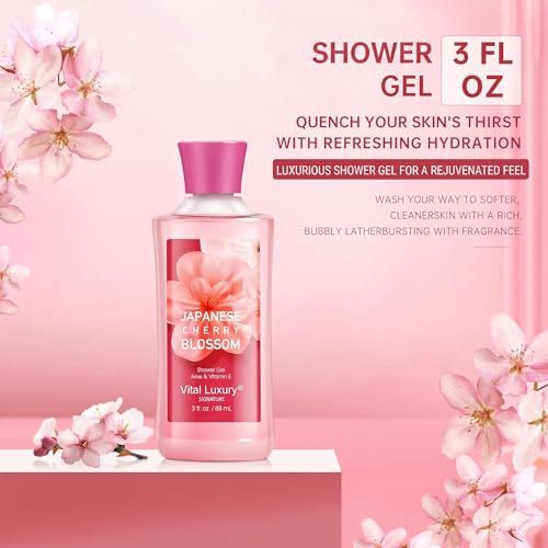 Bath and Body Gift Set – Japanese Cherry Blossom Spa Kit for Women, 3PC Travel Size Set with Shower Gel, Body Lotion, and Fragrance Mist, Body Care Set for Gifting, Bridesmaid Gifts