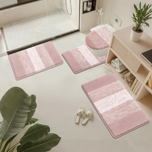 Bsmathom Bathroom Rug Set, 4 Piece, Pink | Microfiber, Non Slip, With Toilet Cover, Washable, Absorbent - color: Pink, size: 18"x26"+20"x31"+U20"x24"+Cover19"x21"