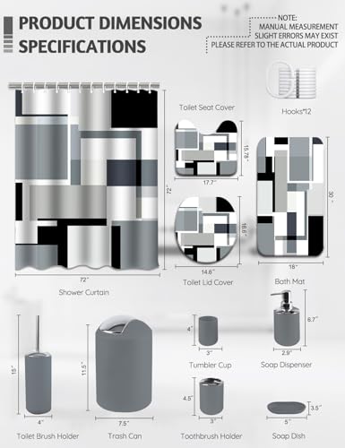 Lnond Grey Black Bathroom Set, 22-Piece Grey Black Geometry Bathroom Decor Set with with Shower Curtain and Rugs, Trash Can, Toilet Brush Holder Set & Soap Dispenser - style: Grey Geometric
