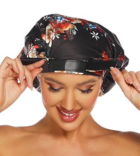 HIUMI Womens Shower Cap for Long Hair Luxury Shower Cap For Dreadlocks, Braids, Curls, Locs, Curly Hair，Mother's Day Gift （Black） - color: black2