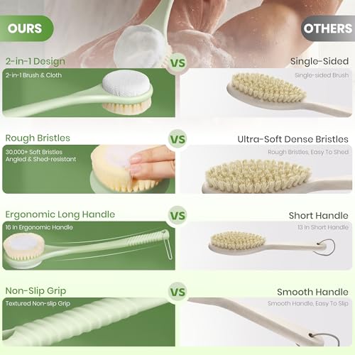 Back Scrubber for Shower with Long Handle, Dual-Sided Bath Brush with Soft Bristles & 150D Exfoliating Cloth, Anti-Slip Grip, Lightweight Back Washer for Shower, Men & Women (Green) - color: Greena