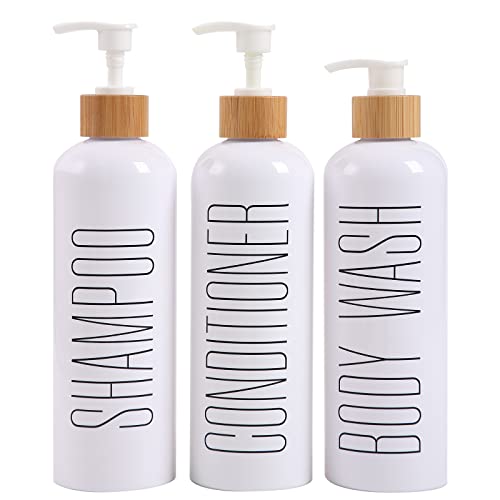 HOMCDALY Shampoo and Conditioner Dispenser, 16oz 3-Pack Refillable Shampoo and Conditioner Bottles, Empty Shampoo Bottles Refillable with Bamboo Pump, Bathroom Shower Shampoo Dispenser Set - color: White&bamboo Pump