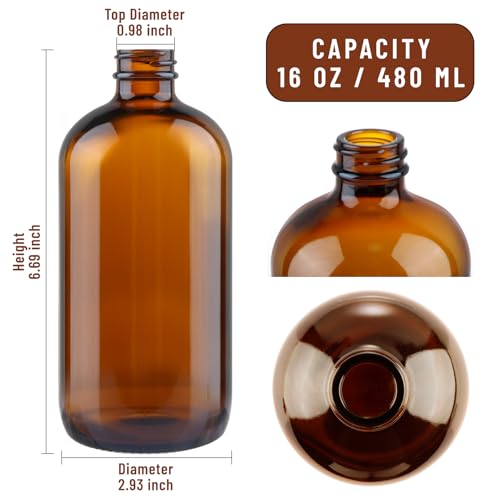 PINIWON 12 Pack 16 oz Amber Glass Bottles, Boston Round Sample Bottles with Black Poly Cone Caps, Labels and Funnels - color: Amber