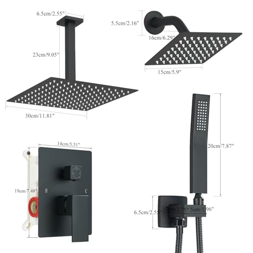 Shower Faucet Matte Black Shower System with 12" Celing+6" Wall Dual Rain Shower Head with Handheld Spray,Bathroom Luxury Brass Shower Valve with Shower Diverter Kit Shower Faucet Set Complete - color: Matte Black, size: Matte Black-12+6"