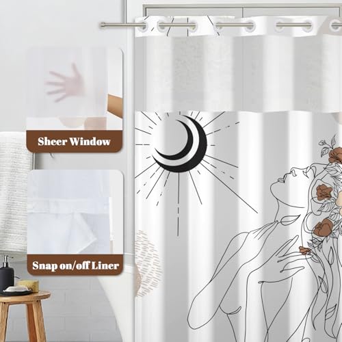 No Hook Shower Curtain with Snap in Liner, 2-in-1 Double Layer Bath Curtain Set 71x74 Inch | Abstract Feminine Line Art with Moon & Flowers, Sheer Mesh Top, Modern Boho Bathroom Decor - color: Feminine Art