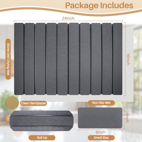 2 PCS Quick Dry Stone Dishes Mats for Kitchen Counter,Collapsible Quick Drying Dish Mats,Ultra Absorbent Diatomaceous Earth Mats for Dishes Bottles Cups, Match Any Countertop（Dark Gray 24"×16"& 8"x4"）