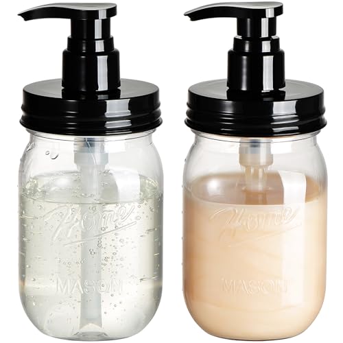 Amolliar Plastic Mason Jar Soap Dispenser with Pump Lid,16OZ Refillable BPA-Free Hand Soap Dispenser Set with Cute Lables - Farmhouse Decor for Kitchen/Bathroom,Liquid Soap,Dish Soap, Lotion (2 Pack) - color: Black