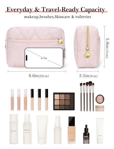 Noozion Makeup Bag Travel Toiletry Bag, Puffy Padded Cosmetic Bag for Women, Makeup Organizer Case, Wide-open Pouch Purse, Travel Essentials - color: Shiny Pink