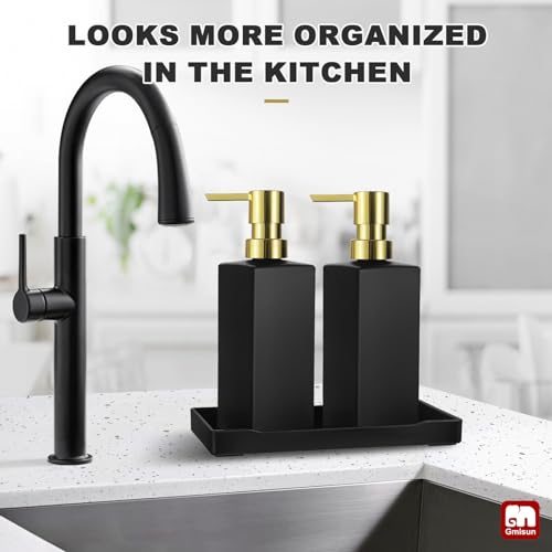 GMISUN Kitchen Soap Dispenser Set with Tray, Dish Soap Dispensers for Kitchen, 12fl oz/350ml Hand and Dish Soap Dispenser Set, Black Soap Dispensers with Gold Pump, Glass Liquid Soap and Lotion Bottle - color: Black Bottle+gold Pump+black Tray