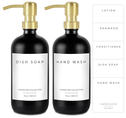 Emerson Essentials Dish Soap Dispenser for Kitchen, Dispenser Bathroom Set, Hand Soap Dispenser, Hand Wash and Dish Soap Set - Glass Dispenser with Pump and Labels - color: 03 – Black / Polished Gold