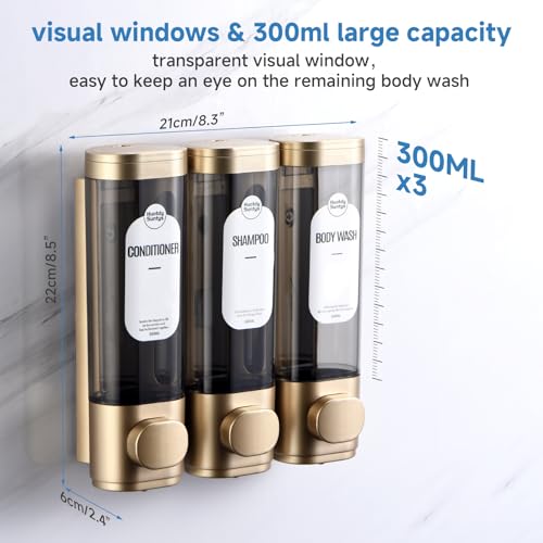 Shampoo and Conditioner Dispenser, Refillabe Shower Soap Dispensers 3 Chamber No Drill Shampoo Dispenser for Shower Wall Mounted 3 * 300ml Container for Bathroom Hotel (Bronze Gold 3 Chamber)