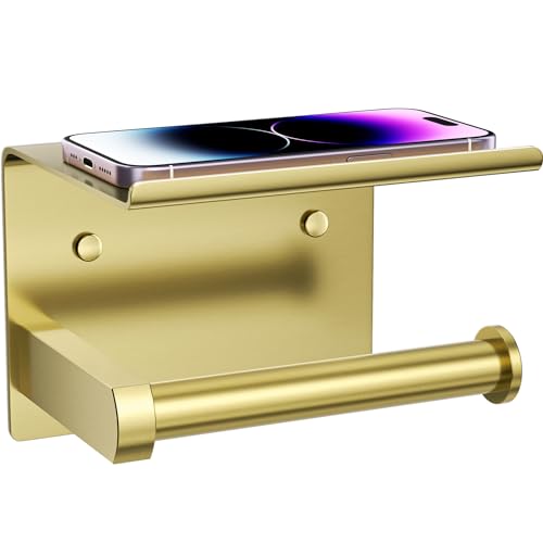 Tindbea Toilet Paper Holder with Phone Shelf, Adhesive or Screw Wall Mount Toilet Tissue Roll Holder, Rustproof & Multifunctional Stainless Steel Bathroom Storage Dispenser (Brushed Gold) - color: E-brushed Gold