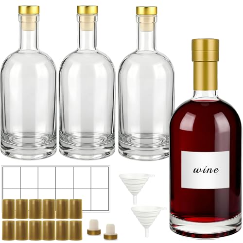 TBWIND 4 Pack 25oz/750ml Clear Glass Bottles with T-Top Cork Stoppers | Thick heavy base airtight wine & liquor bottles. Ideal for beverages, whiskey, oil, vinegar, wedding favors & crafts - color: 25oz/ 750ml, size: Clear