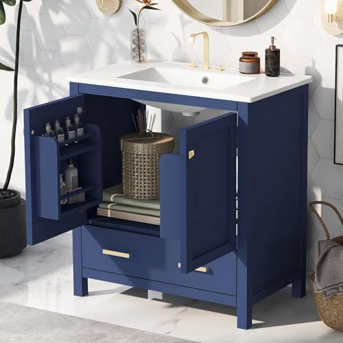 Linique 30" Modern Bathroom Vanity with Sink Combo Set, Solid Wood Frame Bathroom Storage Cabinet with 2 Soft Closing Doors and a Drawer, Multifunctional Storage, Blue - color: Blue