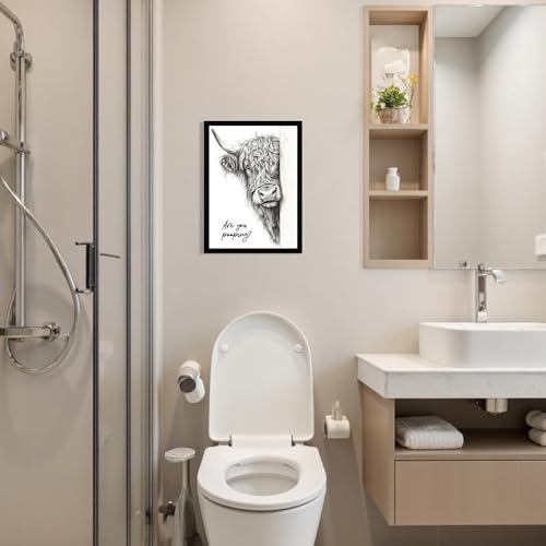 Urmoya Black and White Funny Highland Cow Bathroom Wall Art, Rustic Farmhouse Wall Decor with Humorous Are You Pooping Canvas Print, Cute Animal Art Prints Ready to Hang 12x16 Inch Wood Framed - color: Cow, size: 16"L x 12"W