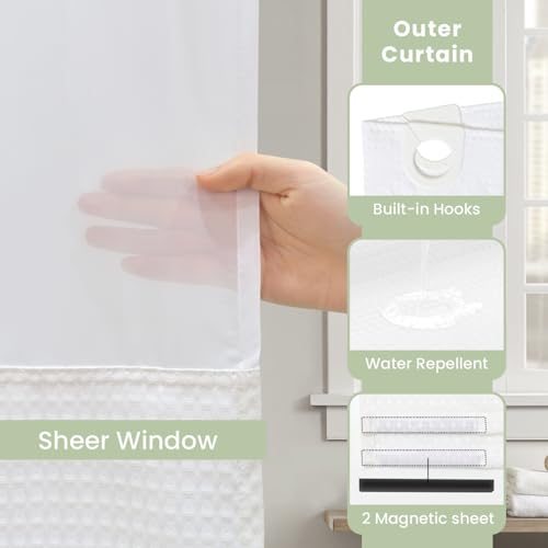 Inhousolu No Hook Shower Curtain with Snap-in Fabric Liner, Waffle Weave 230 GSM Polyester, Weighted Hem, Water Repellent Washable, Mesh Top Window 72" W x 72" L White - color: White, size: 72"W x 72"L (Pack of 1)