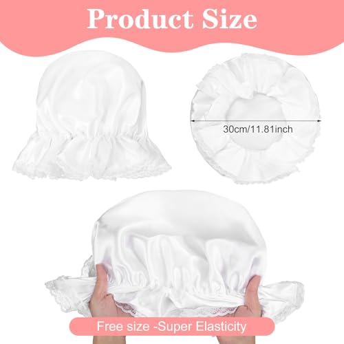 Shower Cap for Women, Reusable Waterproof Shower Cap, White Lace Trim Bath Caps for Long Curly Thick Hair, Hair Caps with Soft Elastic for Showers, Skincare, Cooking, Spa and Travel Use