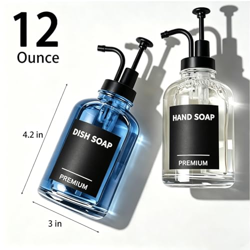 12oz Dish Soap Dispenser for Kitchen, Hand Glass Soap Dispenser Set with Pump, Tray, Funnel for Bathroom, Shower, Laundry, Liquid, Lotion (Black 2 Pack Clear Bottles with 12 Stickers) - color: Black, size: 12Oz