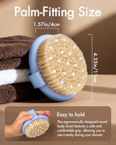 Dry Brushing Body Brush for Massage - Natural Boar Bristle Exfoliating Brush with Massage Nodes for Lymphatic Drainage, Cellulite, Blood Circulation Improving Skin Health for Women Men Elderly(Blue) - size: Round 4.3 in-Blue