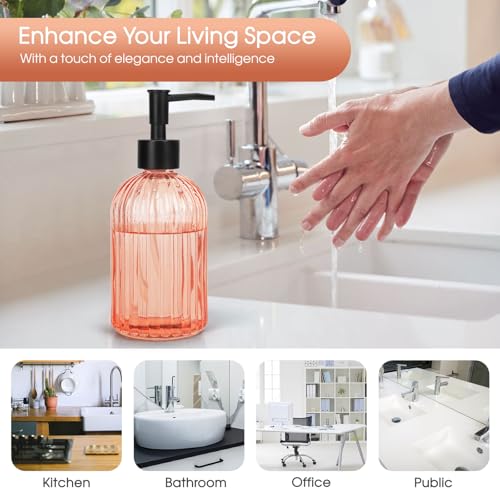 Topsky 2 Pack Glass Soap Dispenser with Black Plastic Pump, 400ml Liquid Hand Soap Dispenser, Rustproof Pump for Kitchen & Bathroom, Great for Lotions, Essential Oil, Liquid Soaps-Pinkish Orange - color: Stripe-pinkish Orange, size: Plastic Pump