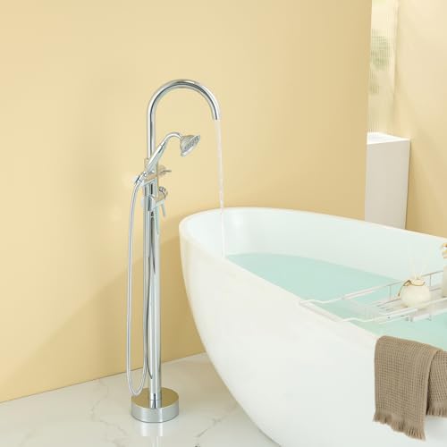 Wowkk Tub Filler Freestanding Bathtub Faucet Chrome Floor Mounted Brass Bathroom Tub Faucets with Hand Shower - color: Chrome