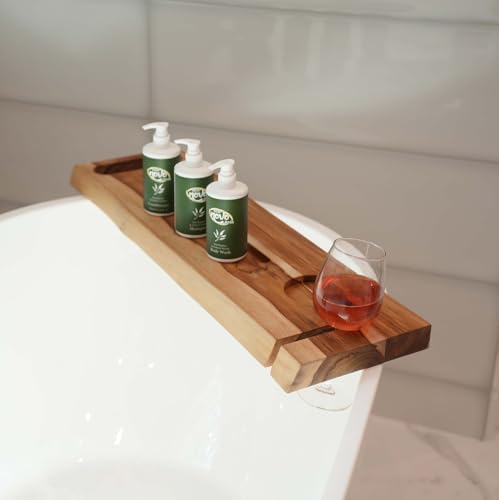 EcoDecors Eleganto 30" Live Edge Solid Teak Bath Caddy Tray with Handle, Book & Tablet Holder, Wine Glass Holders, Luxury Bathtub Tray - style: 30" Live Edge