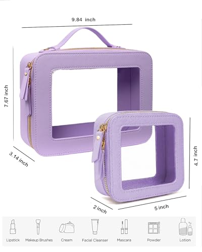 Travel Clear Makeup Bag Set, TSA Approved Cosmetic Bag Case with Zipper Portable Makeup Pouch Toiletry Bag Traveling Cosmetic Organizer Storage Bag Car Organizer Car Essentials - color: Mini + XL Luxe Purple