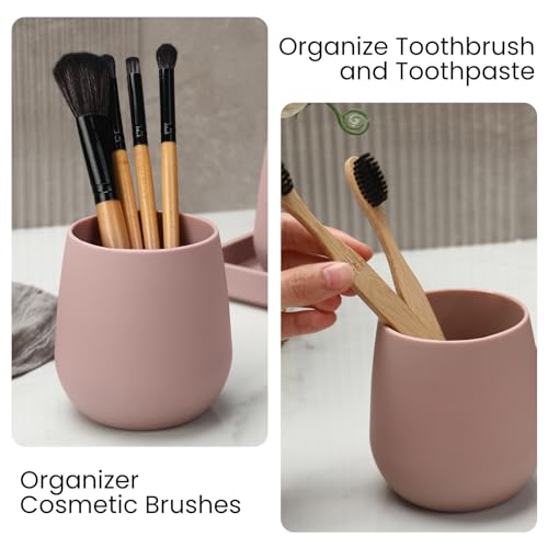 Bathroom Accessories Set, Modern 3 Pcs Bathroom Essentials - Soap Dispenser, Toothbrush Holder & Tray, Countertop Vanity Organizer (Pink) - color: Pink