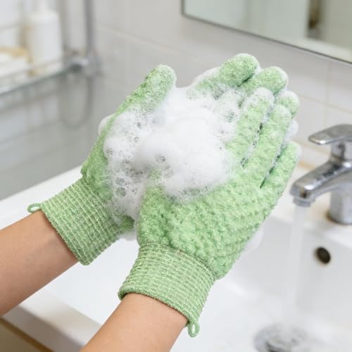 Exfoliating Bath Gloves 2 Pairs - Heavy Texture Body Scrub Gloves for Shower, Spa, Massage and Body Scrubs, Dead Skin Remover, Washing Gloves with Hanging Loop(Light Green) - color: Green2