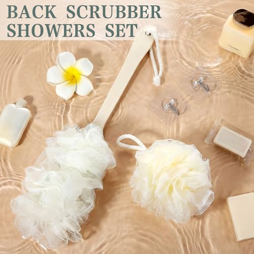 4 Pcs Back Scrubber Showers Set Bath Sponge Loofah Back Scrubber for Men Women Bathing Accessories Includes 1 Long Handled Shower Sponge 1 Bath Shower Luffa Pouf 2 Hooks to Hang Stuff