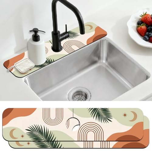 2 Pcs Plant Kitchen Sink Splash Guard Faucet Mat Bohemian Tropical Leaves Faucet Mat for Sinks Absorbing Drying Mats for Kitchen Bathroom, 23.6x5.5inch - color: Tropical Leaves