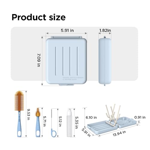 YOTIME Travel Bottle Brush, Travel Bottle Cleaner Kit with Foldable Bottle Drying Rack, for Visit Friends and Relations, Baby Travel Essentials, BPA Free, Blue - color: Blue