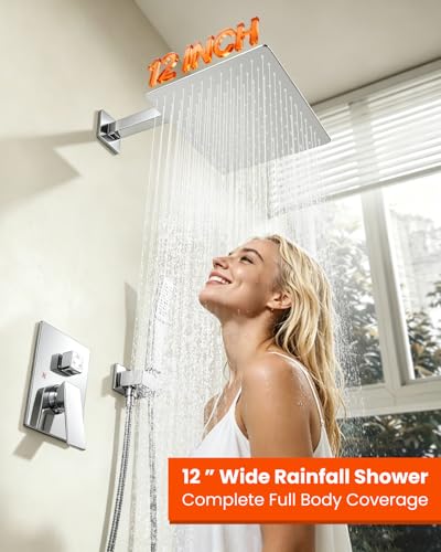 gotonovo Shower System with Tub Spout,Waterfall Tub Shower Faucet Set for Bathroom Head and Handle Set Wall Mounted 3 Function Rough-in Valve and Trim Included 12 inch Shower Head Polished Chrome - color: Polished Chrome, size: 12 inch Shower Head