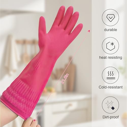 Rubber Gloves for Cleaning with Long Cuffs Waterproof Dishwashing Household Gloves with Grip for Kitchen Bathroom - color: Pink, size: Large