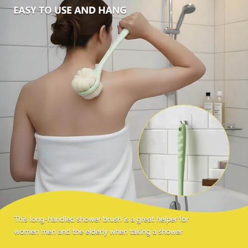 Back Scrubber for Shower, 15.7" Dual-Textured Body Brush with Soft Nylon & Textured Bristles on Long Handle, 2-in-1 Exfoliating and Cleansing Back Washer for Hard to Reach Areas