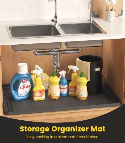 Under Sink Mats for Kitchen Waterproof, 34" X 22" Or Smaller Cut to Fit Under Sink Drip Tray for Kitchen Bathroom Cabinets, Silicone Liner Hold Up to 3.3 Gallons Liquid - Grey - color: Gray