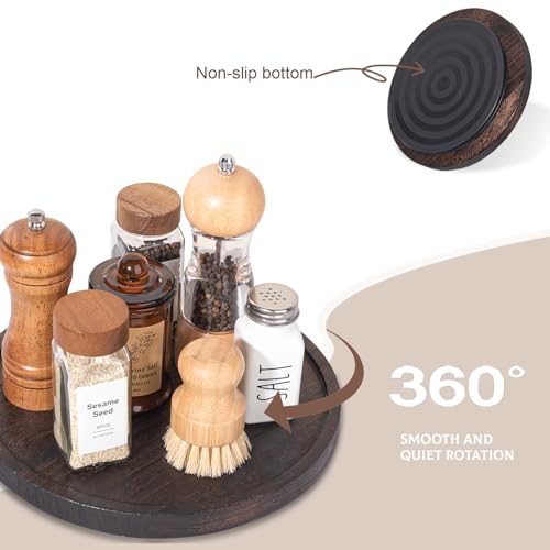 Wood Lazy Susan Organizer Kitchen Turntable for Cabinet Farmhouse Bathroom Decor Round Decorative Tray for Vanity, Counter, Sink, Coffee Table, 10 Inch, Dark Brown - color: Dark Brown, size: 10“