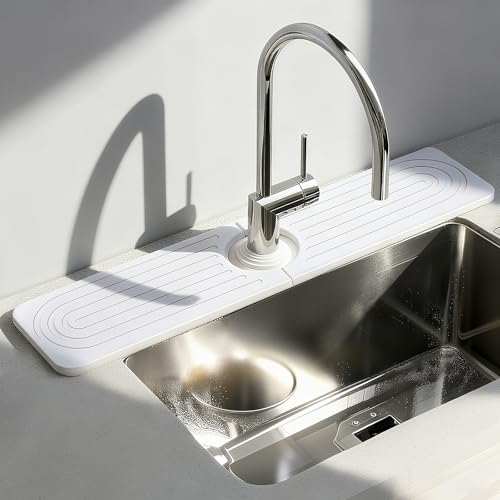 Stone Faucet Mat for Kitchen Sink, Diatomit Fast Drying Stone Mat Sink Protector, Water Absorbing Stone Tray for Kitchen Bathroom Counter, 23.6" x 4" - color: 23.6" x 4"_White