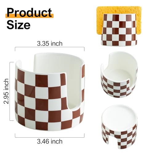 Checkered Sponge Holder for Kitchen Sink, Ceramic Dish Sponge Drying Caddy Scrubby Holder Kitchen Organizer Cute Dish Rack for Sink Counter, Brown and White - color: Brown and White, size: Cylindrical