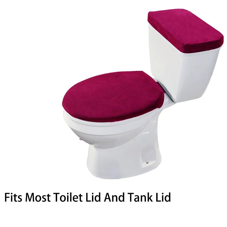 Madeals Velvet Toilet Lid Cover and Tank Lid Cover with Toilet Mat Memory Foam 3 Piece Toilet Contour Mat Set Burgundy - color: Burgundy