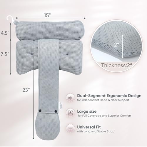 2-Pack Dual-Section Pillows for Hot Tub (Grey) – Dual-Section Head & Neck Support Cushion for Spa & Chaise Lounge, Removable Weighted Pouch, Adjustable Long Strap & Easy-Dry Hook