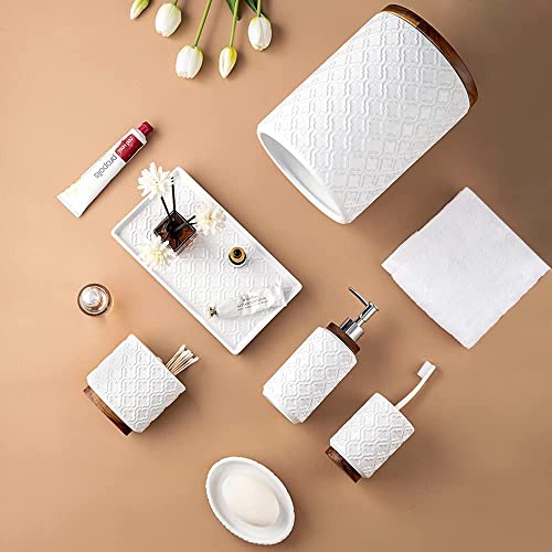 RQYIXI Elegant 6 PCS Ceramic&Wood Bathroom Accessories Set:Soap Dispenser,Toothbrush Holder,Tumbler,Soap Dish,Tray,Trash Can,Easy to Clean,Quatrefoil Pattern,White-Affordable Home Luxury - color: A-white Trash Can