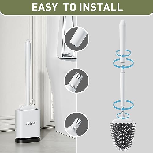 Deep Cleaner Toilet Brush: Silicone Toilet Brush with No-Slip Long Plastic Handle and Flexible Bristles, Quick Drying Holder Set for Toilet（White）