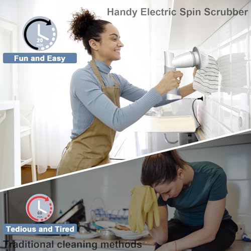 Electric Spin Scrubber, Bathroom Shower Electric Scrubber for Cleaning Tub/Tile/Floor/Sink/Window, Power Cleaning Brush Rechargeable Cordless with 4 Replaceable Cleaner Brush Heads - color: 01 Classic Grey