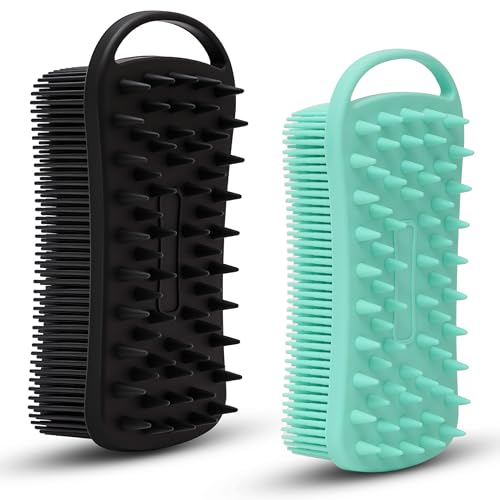 MtBoi 2 PC Silicone Body Scrubber, 2 in 1 Exfoliating Shower Bath Scrubber, Soft Silicone Loofah for Sensitive Skin, Shower Hair Scalp Massager, Easy to Clean, Lather Well (Black&Green) - color: Black&green