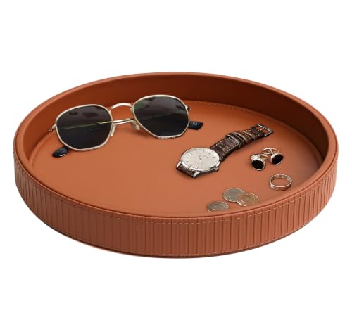 HofferRuffer Round Decorative Tray, Faux Leather Vanity Tray Decor, Decorative Catchall for Perfume, Bathroom Valet, Nightstand or Dresser (Brown Stripe, 12") - color: Brown Stripe
